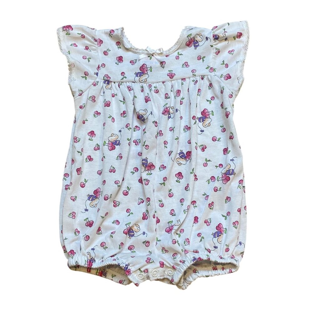 Vintage 90s Carters 12-18M Baby Girl White Romper With‎ Cherry & Mouse Print USA